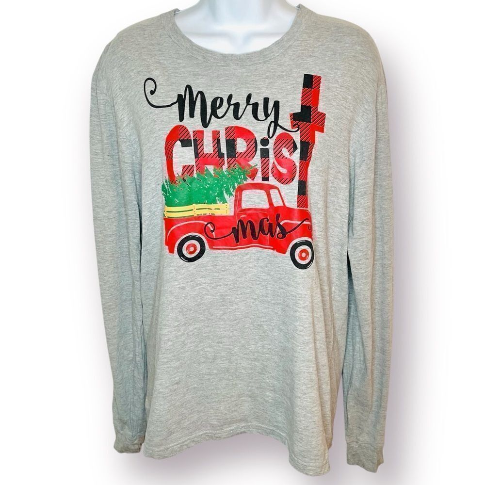 Love in Faith Merry Christmas Truck Long Sleeve Tshirt Marled Grey Red S